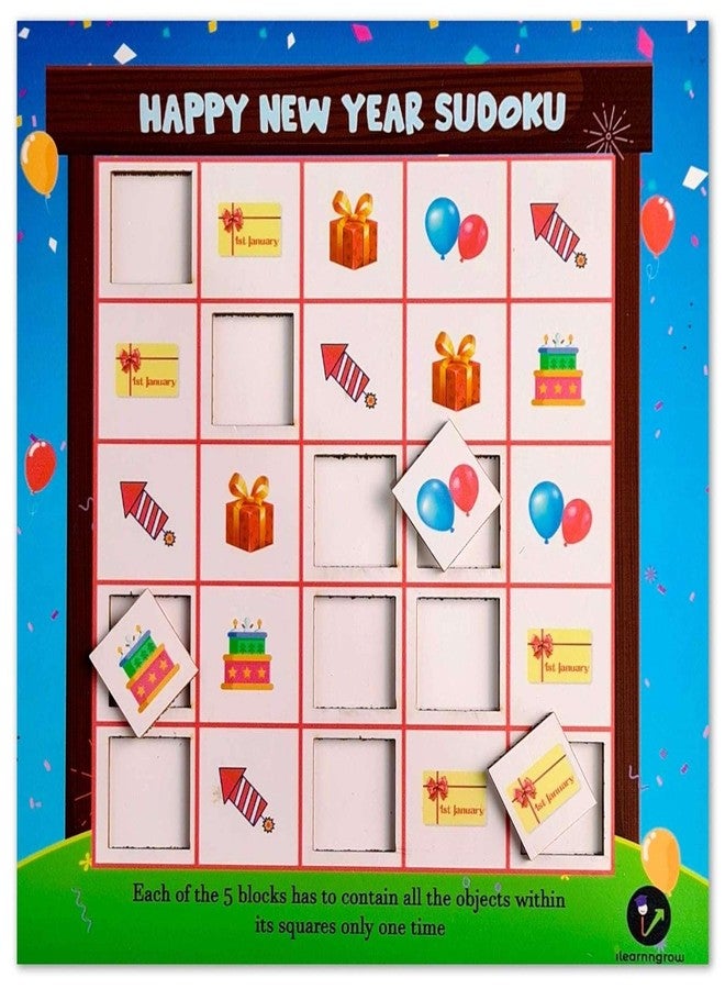 iLearnNGrow Happy New Year Sudoku Puzzle for Kids | Wooden Logic Game for 3-6 Years | MDF Educational Brain Puzzle with Festive Theme | Unisex Montessori Toy | 10 x 10 x 1 Inch | Made in India - Image 2